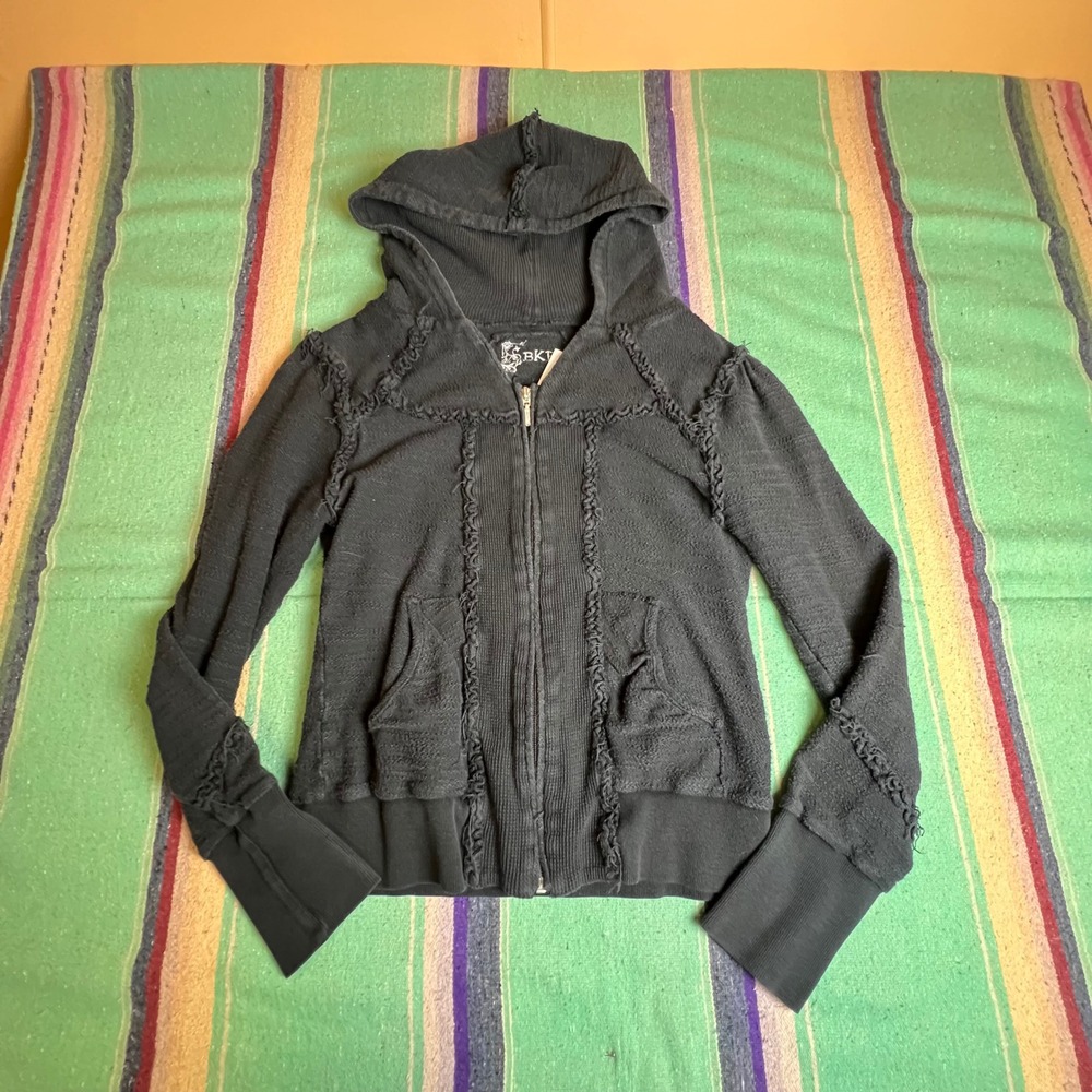 Y2k Hoodie Womens Large Black Full Zip Waffle Knit Exposed Seam Raw Edge Grunge